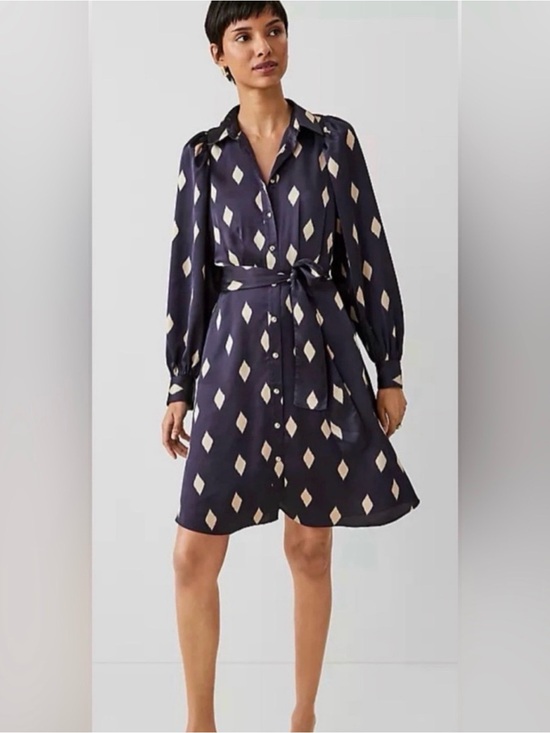 Ann Taylor Dresses & Skirts - Ann Taylor Navy Diamond-Print Long Sleeve Shirt Dress